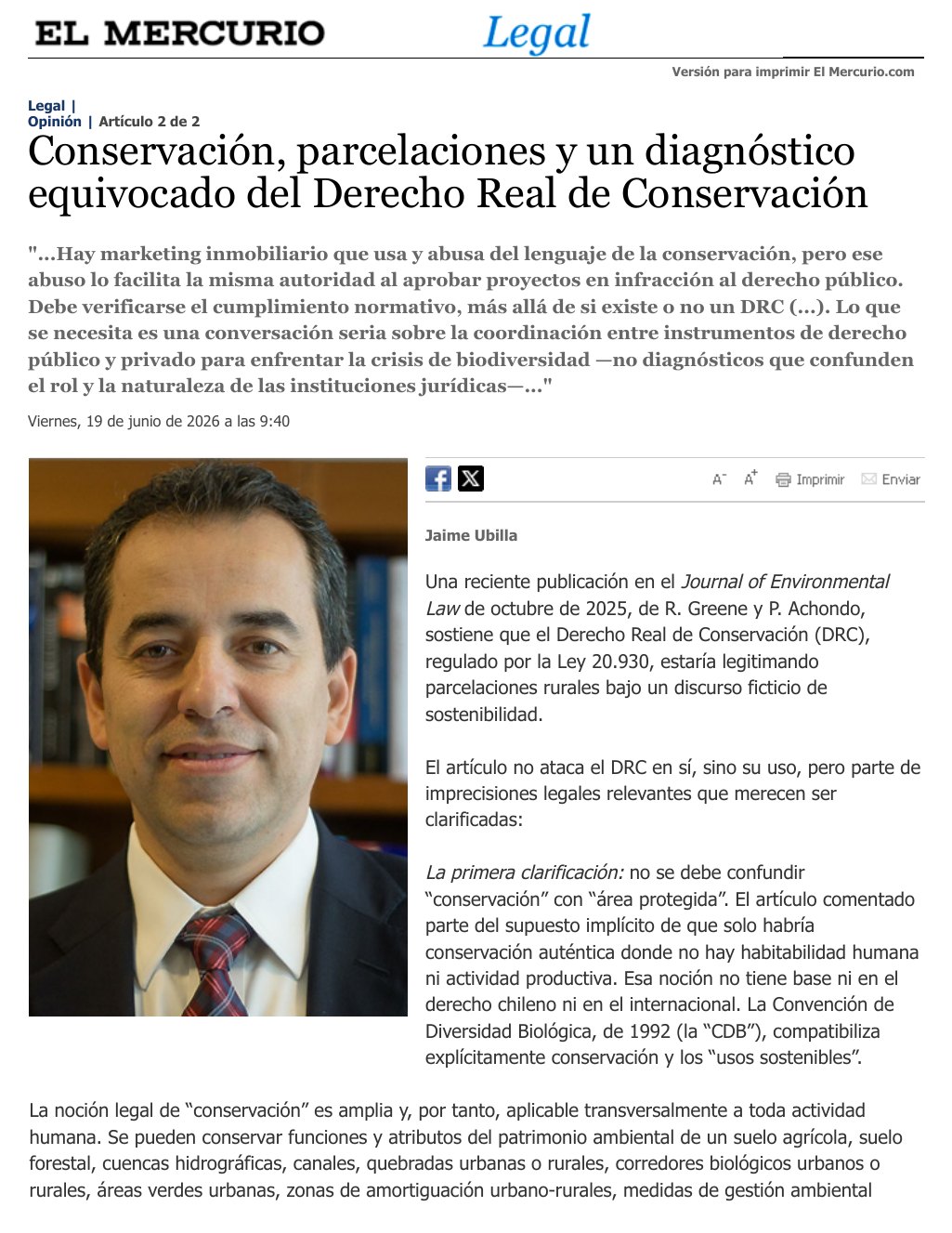 Columna en El Mercurio Legal sobre parcelaciones y derecho real de conservación