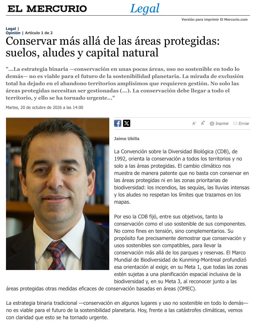 Columna en El Mercurio Legal sobre conservación de suelos, aludes y capital natural, por Jaime Ubilla