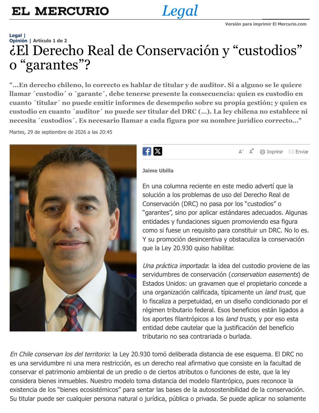 Columna en El Mercurio Legal sobre custodios y garantes en el derecho real de conservación